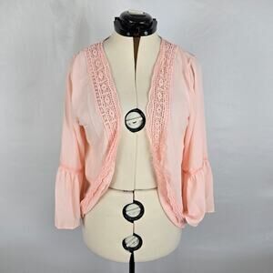 Lightweight Cardigan Women's S Pink Open Lace Trim Long Sleeve Sheer